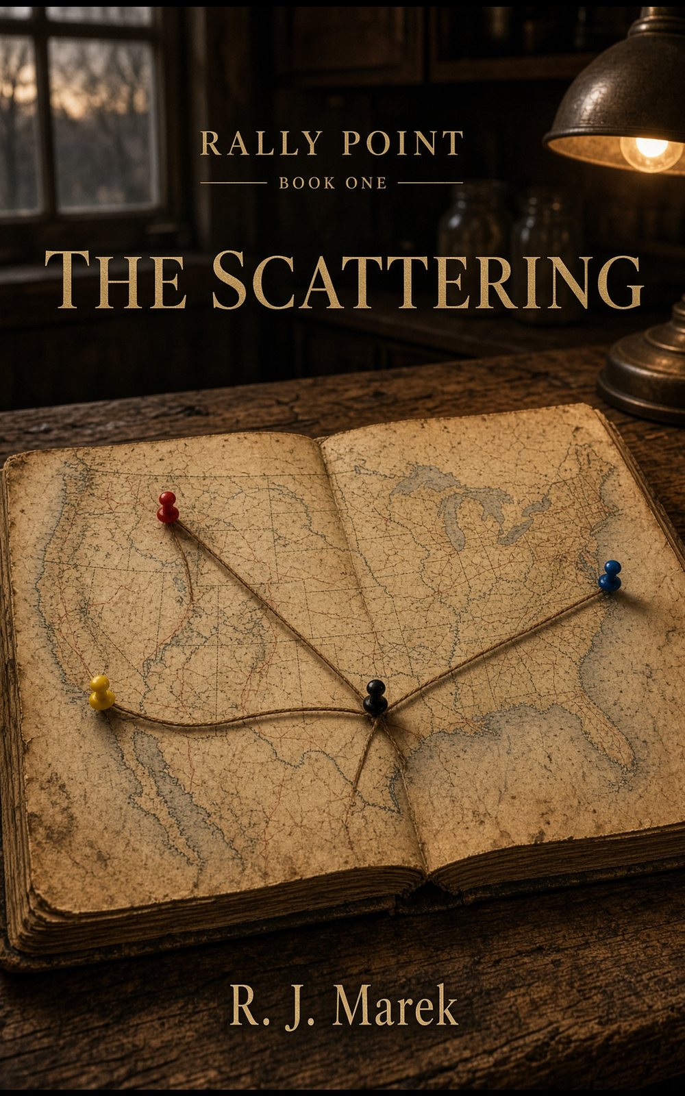 Cover of Rally Point Book One: The Scattering by R. J. Marek — an old road atlas open on a workbench under a lamp, four coloured pushpins joined by twine converging on a single black pin.